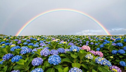 Fototapeta premium Rainbow over hydrangea fields nature photography scenic landscape colorful blooming plants vibrant environment
