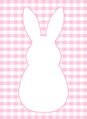 Pink gingham card template with a white bunny-shaped frame. Vertical layout for Easter  cards and invitations.