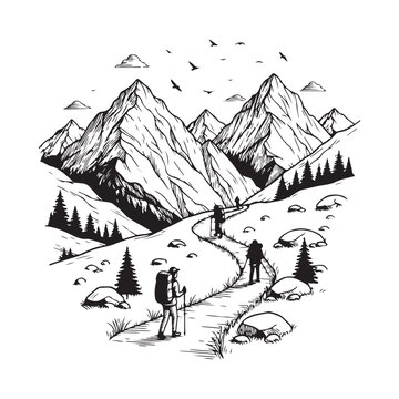 Mountain Hikers Trekking on a Winding Path engraving outline vector art illustration design, line art palm tree, sea, beach, summer view, parashoot vintage palm tree on sea beach.
