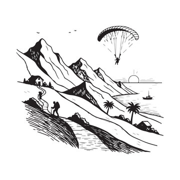 Mountain Hikers Trekking on a Winding Path engraving outline vector art illustration design, line art palm tree, sea, beach, summer view, parashoot vintage palm tree on sea beach.