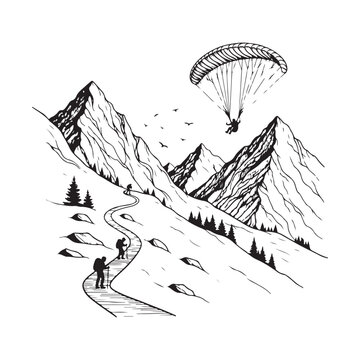 Mountain Hikers Trekking on a Winding Path engraving outline vector art illustration design, line art palm tree, sea, beach, summer view, parashoot vintage palm tree on sea beach.