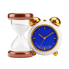 A vintage metal alarm clock stands as a classic reminder that time is money, featuring an old dial and hourglass isolated on a white background to track every passing hour, minute, and second