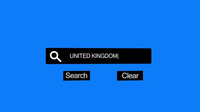 A digital search bar interface the text UNITEDKINGDOM with a magnifying glass and search and clear buttons on a vibrant blue background