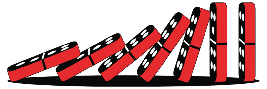 Red dominoes falling illustration concept showing chain reaction, risk control, and strategy planning, editable vector stock for project management, game simulations, and info graphic or marketing 