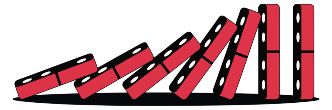 Red dominoes falling illustration concept for chain reaction effect, risk management, and game strategy, editable vector stock for business presentations, education, and digital design projects.