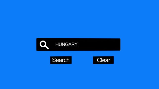 A digital search bar interface the word HUNGARY with a blinking cursor and a magnifying glass on a vibrant blue background with search and clear buttons