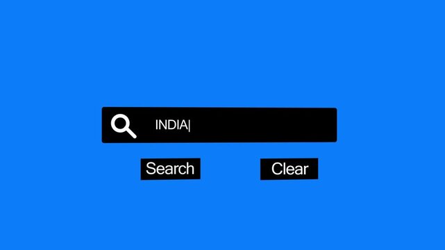 A digital search bar interface the word INDIA with a blinking cursor and a magnifying glass on a vibrant blue background with search and clear buttons