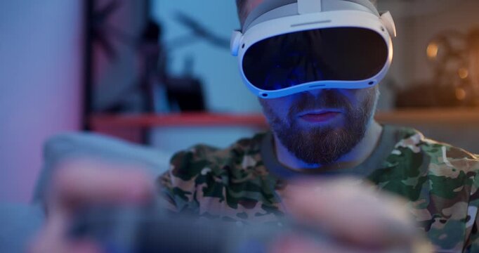 Soldier use rc for training simulation fly on FPV drone in VR glasses, Immersive gaming.