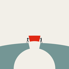 Plakat A minimal vector illustration of business teamwork. A team works together to build a bridge, symbolizing cooperation and connection in a corporate concept.