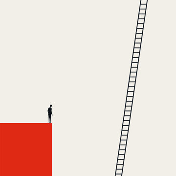 A minimal vector illustration of a business challenge. A corporate man looks at a tall ladder, symbolizing a difficult career opportunity, ambition, and growth concept.