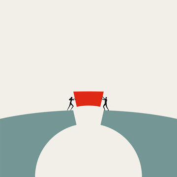 A minimal vector illustration of business teamwork. A team works together to build a bridge, symbolizing cooperation and connection in a corporate concept.