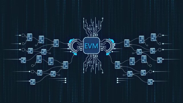 E V M Electronic Voting Machine Interface with Circuit Board and Mobile Devices Connection on Dark Background with Blue Accents
