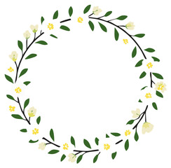 Fototapeta premium Floral wreath illustration, circle of flowers and leaves on a white background