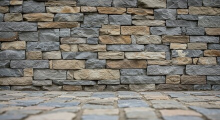Obraz premium A rustic stone wall with a textured, layered appearance stands behind a cobblestone floor, creating a sense of depth and dimension