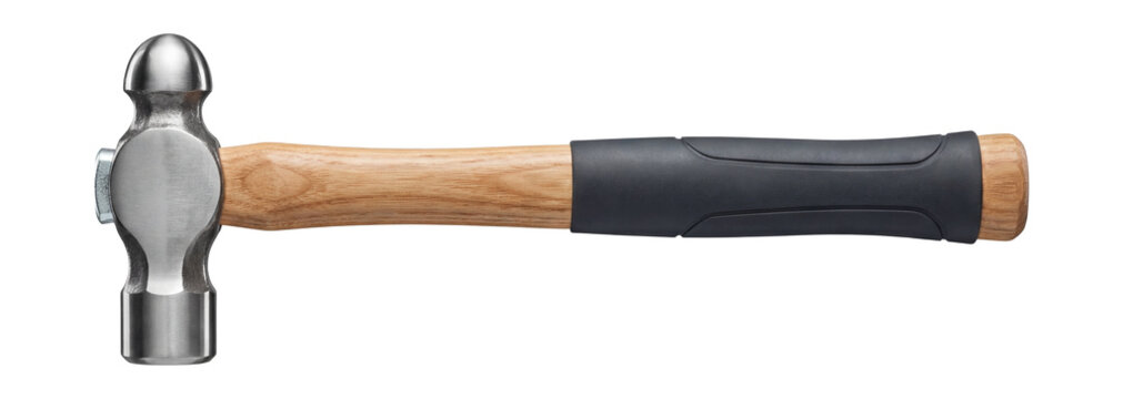 Ball-peen hammer with a polished steel head and wooden handle.