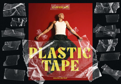 Set of 15 Clear Plastic Tape Overlay PNG Textures. Graphic Design Overlay Elements.