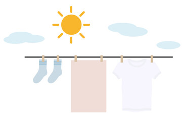太陽の下でTシャツ・タオル・靴下を干す洗濯イラスト｜清潔・家事・乾燥