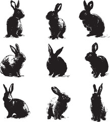 Obraz premium Black and white rabbit silhouettes set isolated on white background minimalist animal art collection 