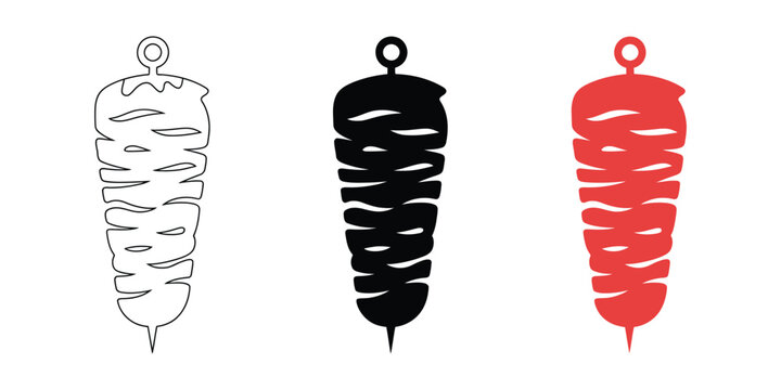 Kebab meat on skewer icon set with linear, solid, and colourful vector illustrations for Mediterranean dishes, street food, restaurant branding, menu design, Sharma, and diner kebab icons.