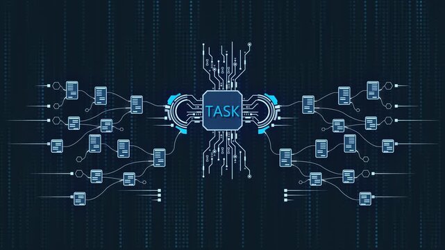 Task Management System Concept with Circuit Board and Mobile Devices technology workflow