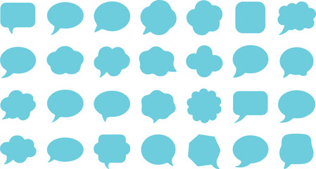 A diverse collection of bright turquoise speech bubbles in various shapes on a clean white background