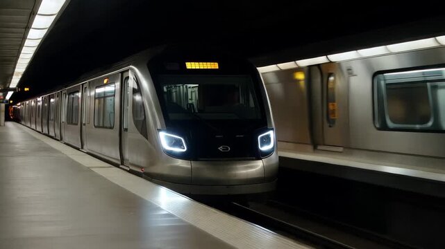 Train arrives at dark subway station while another train departs in a busy urban area at night time