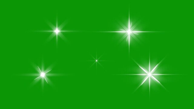 shiny glowing stars, white cartoon blinking stars, flat vector doodle sparkle, Twinkle light glitter stars sparkling, glowing light trails, Twinkle star light and circle sparkle on green background.