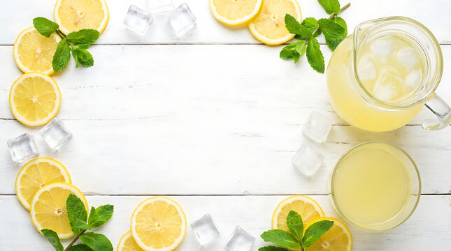 Fresh lemonade in a pitcher with lemon slices and mint leaves  