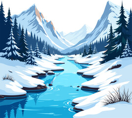 Snowy mountain river landscape with icy water, winter forest, frozen mountains and peaceful arctic scenery
