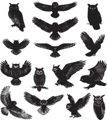 Obraz premium Flying owl collection black and white vector illustration set nocturnal birds in flight wildlife nature design elements 