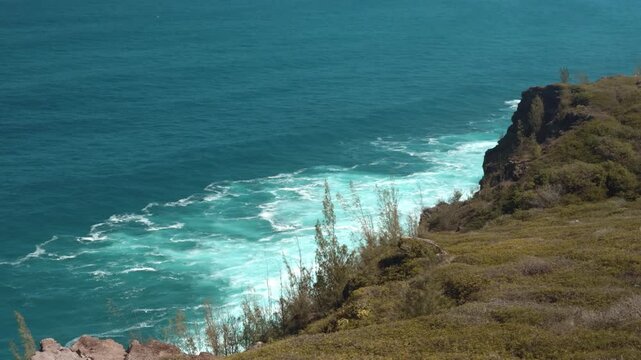 Poelua Bay. ʻOhai Trailhead, Kahekili Highway (Route 340), Maui, Hawaii. Erosion. Sea cliff, Cliffed coast, Abrasion coast. Pacific ocean. Casuarina equisetifolia, coastal she-oak, horsetail she-oak