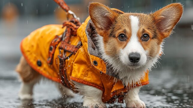 Adorable Corgi in a bright orange raincoat looks at the camera while walking in the rain