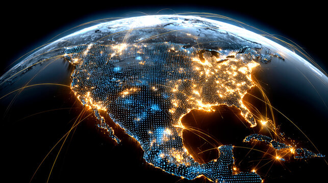 Futuristic digital globe showing glowing network connections and data flow over North America.