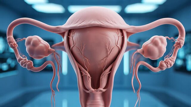 3D Female Reproductive System with Glowing Internal Structures in Medical Lab