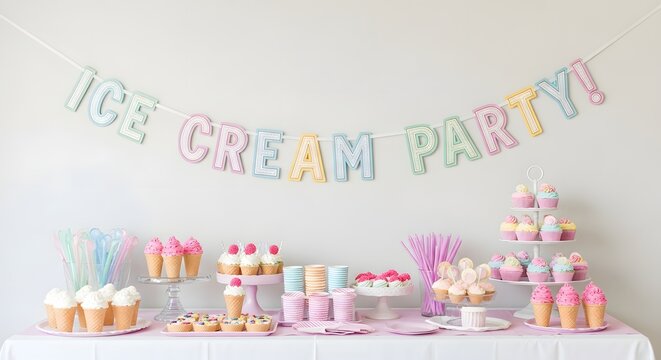 Pastel colored felt banner reading ice cream party hangs above a dessert table laden with sweet treats and pastel tableware ready for a celebration.