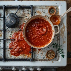 Overhead shot of a gas stove with a minor tomato sauce spill beside a simmering pot