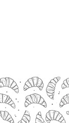 Fototapeta premium Sketchy croissants pattern on bottom, white space above, line art culinary illustration