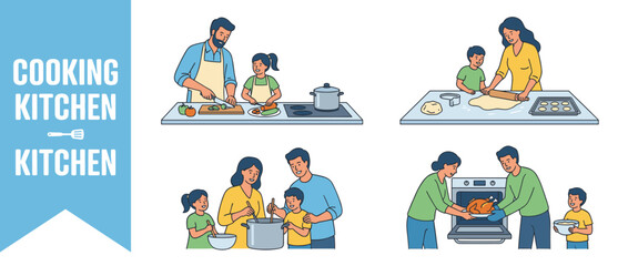 Vector illustration set of happy families cooking together in the kitchen, including parents and children preparing healthy food, baking cookies, stirring soup, and roasting a turkey for dinner.