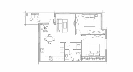 Modern Apartment Floor Plan with Bedroom, Living Room, Kitchen, and Balcony on Isolated White Background