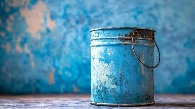 A weathered blue metal bucket with a rusty handle sits on a worn surface against a distressed blue background.