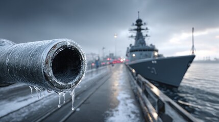 Fototapeta premium A naval ship is docked at a pier during winter. Ice forms on the cannon barrel