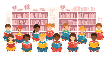 Children sit on floor in library surrounded by bookshelves reading books together, diverse group of young students learning and enjoying stories © ShorifaBegum