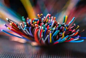 Bundle of thick colorful electrical cables used in telecommunication and information systems....