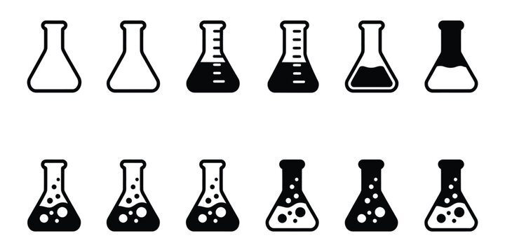 Conical flask or Erlenmeyer flask vector set, laboratory chemical glassware equipment, flat design illustrations isolated on white background for chemistry education, lab experiments, research, and 