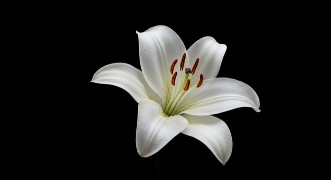 A beautiful white lily flower with six petals and yellow stamens on a black background