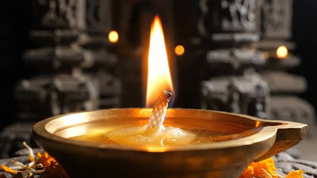 Close up of a lit oil lamp with a bright orange flame and yellow oil in a decorative brass diya adorned with marigold flowers in front of ancient stone carvings with soft bokeh lights in the