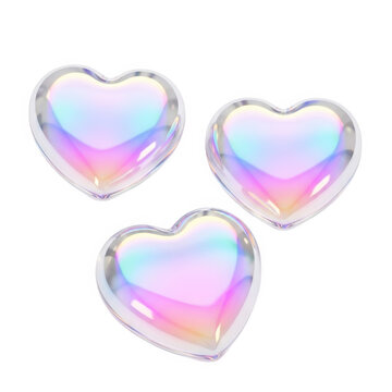 Three iridescent heart-shaped ornaments