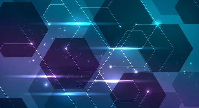 Abstract digital hexagonal network with glowing connections and futuristic blue purple background