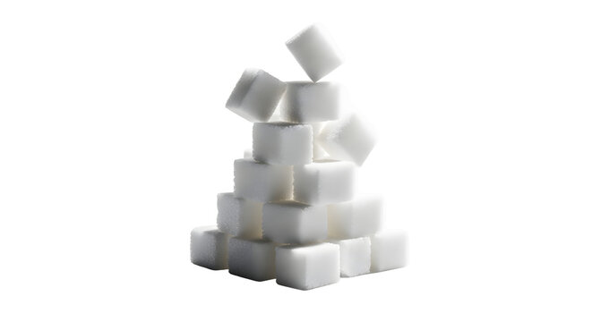 A precarious stack of white sugar cubes forms an intriguing pyramid shape against a dark background.