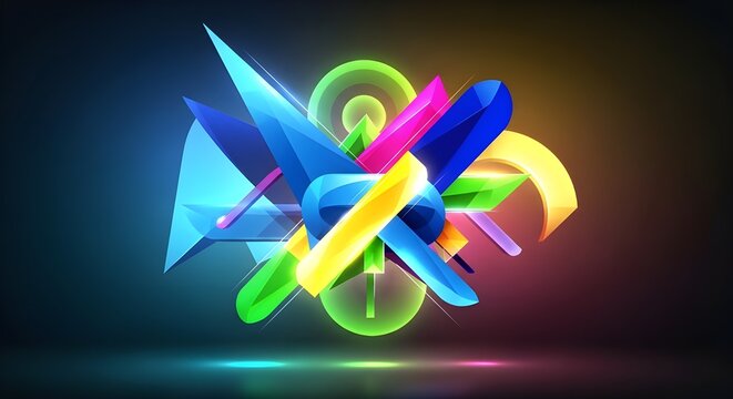 Vibrant 3d geometric shapes in neon colors against dark gradient background with glowing effect and abstract design elements